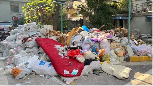 小区绿化带内垃圾堆积如山 居民呼吁尽快清理